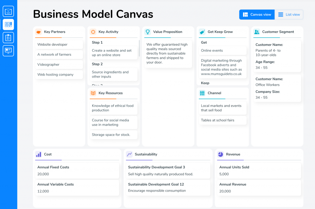 Map business ideas within the Business Model Canvas section of SimVenture Validate