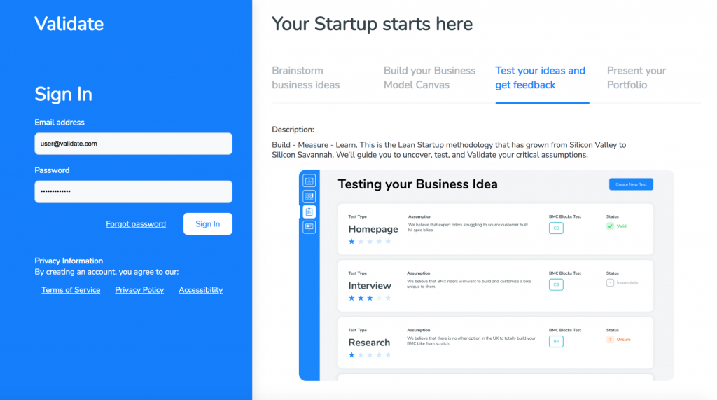 Validate Business Idea Generator Login page.