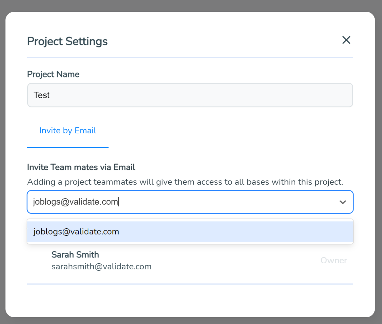 Enter your team members email address to set up your team in SimVenture Validate.