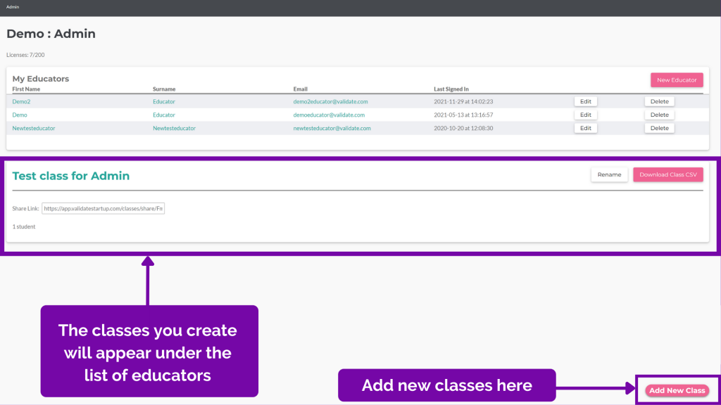 SimVenture Validate administrators can now create classes and share them with other educators within their institution or company.