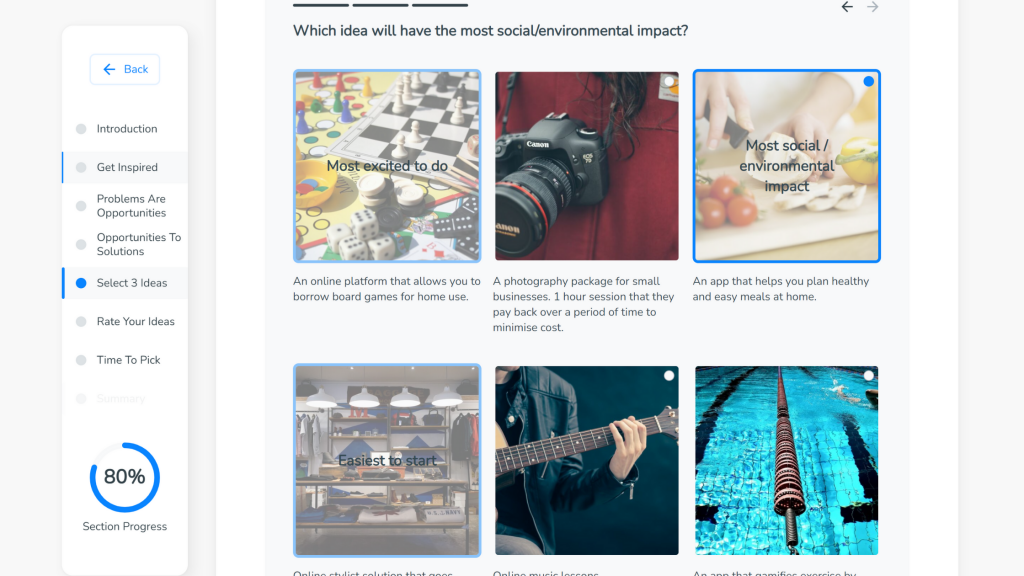 New overlapping text on images makes it easier to see the business ideas you've chosen to answer questions in SimVenture Validate.