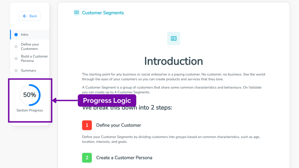 An example of progress logic within the business model canvas customer segments block in SimVenture Validate.