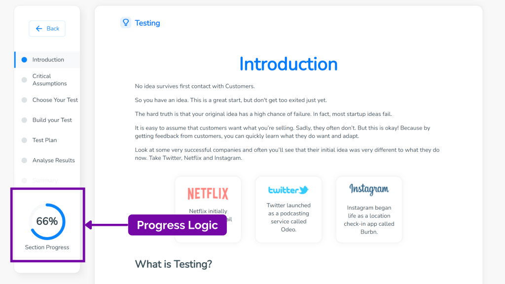 Easily view the progress you've made within each test created in SimVenture Validate thanks to the project logic in the left-hand side menu.