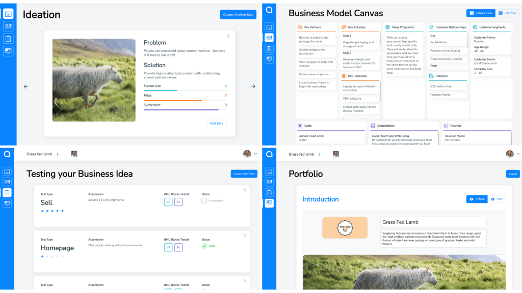 Starting a business with SimVenture Validate. The four main screens are Ideation, Business Model Canvas, Testing your Business Idea, Portfolio.