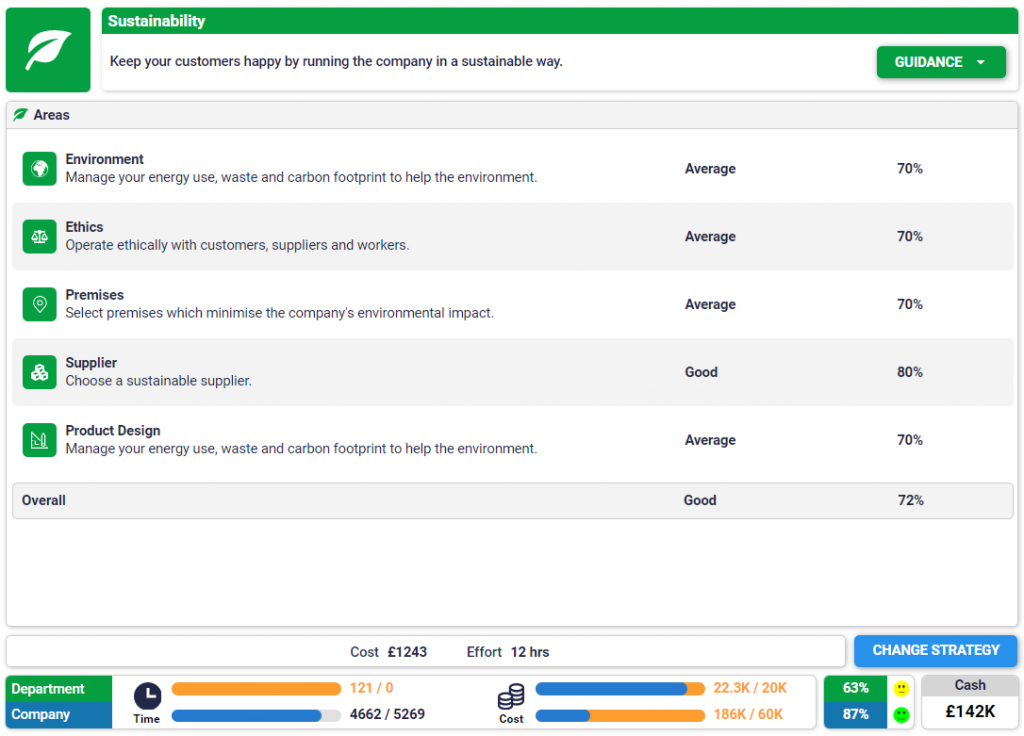 The sustainability area of the business simulation game, SimVenture Evolution.