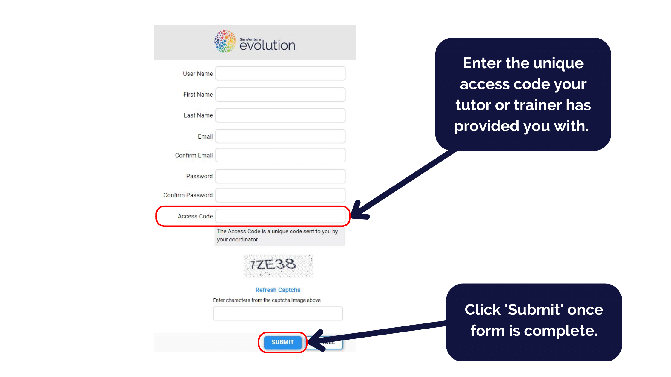 Complete the form to create your SimVenture Evolution account