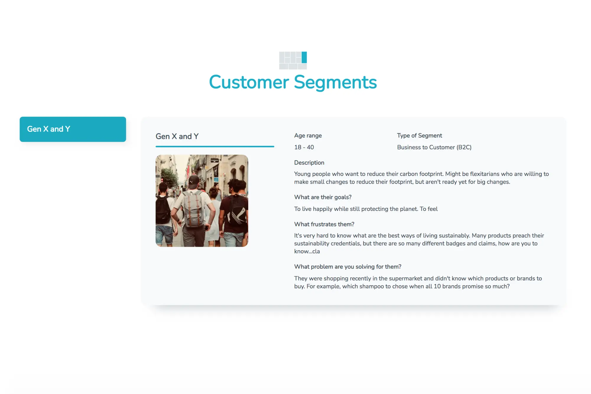 Customer segments section within the Business Model Canvas in SimVenture Validate.