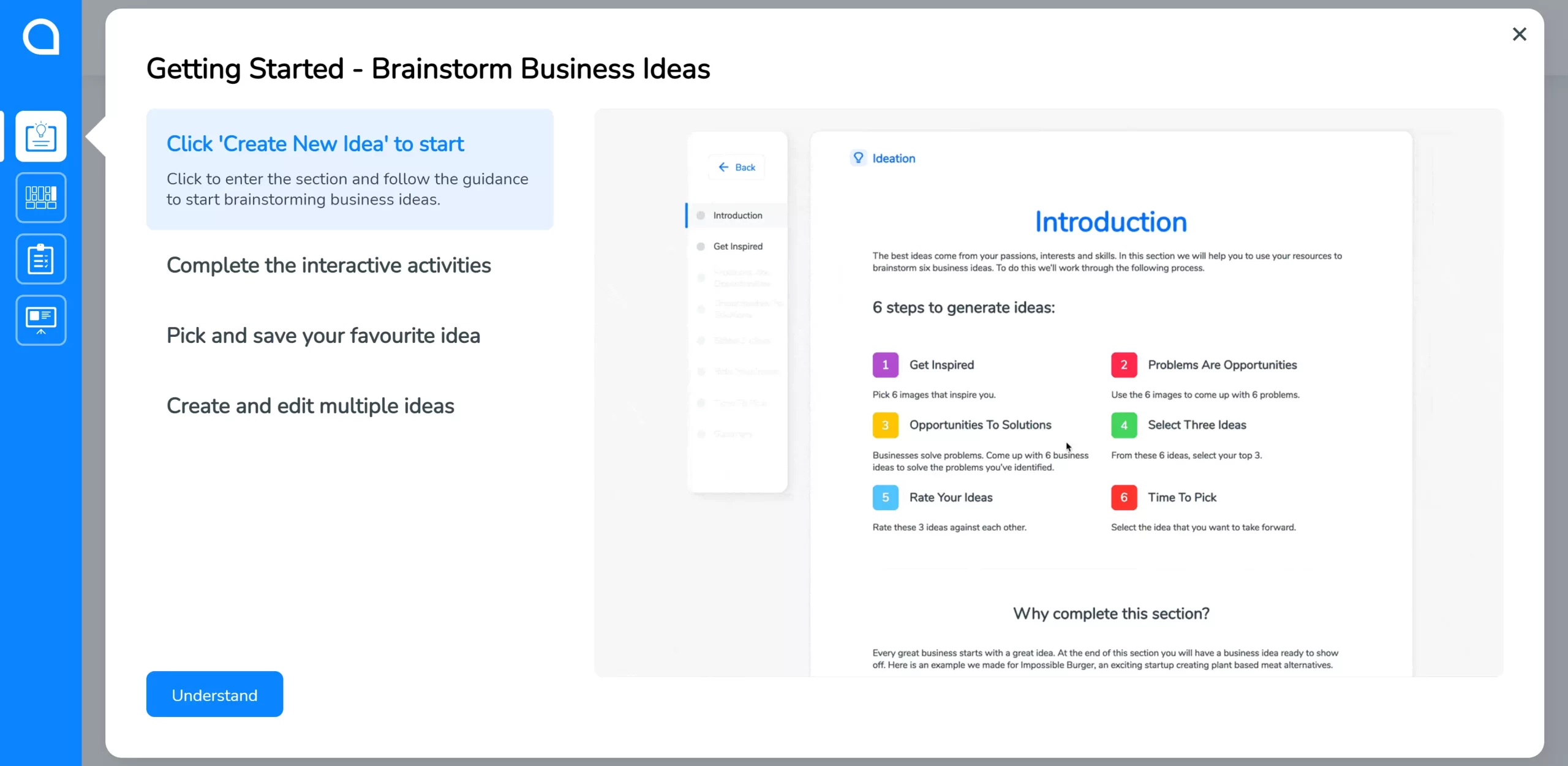 Start with Ideation in SimVenture Validate when you first log in.