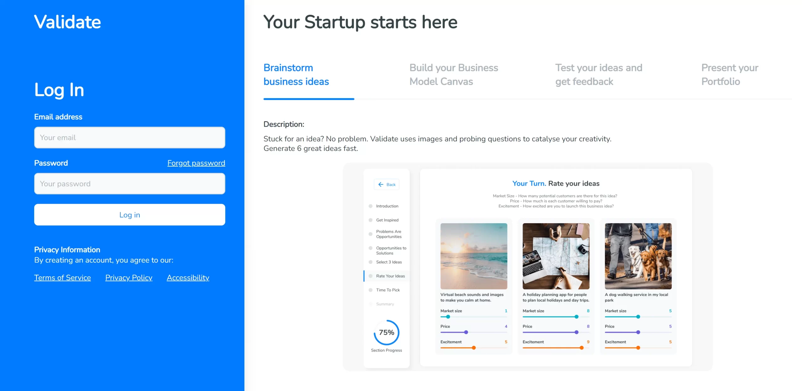 Login to SimVenture Validate to start developing your startup idea.