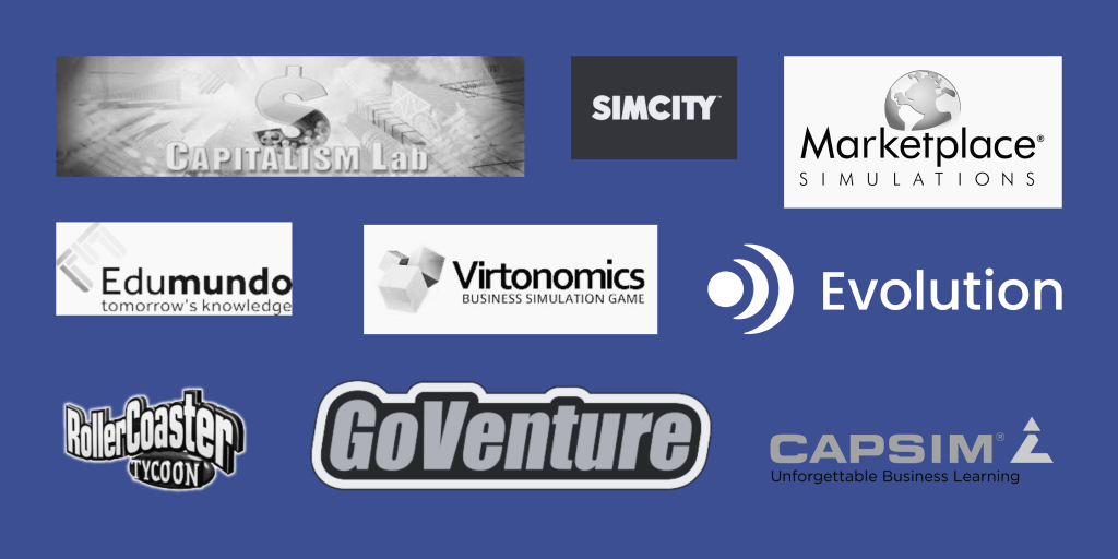 Logos of different business simulation games on the market.
