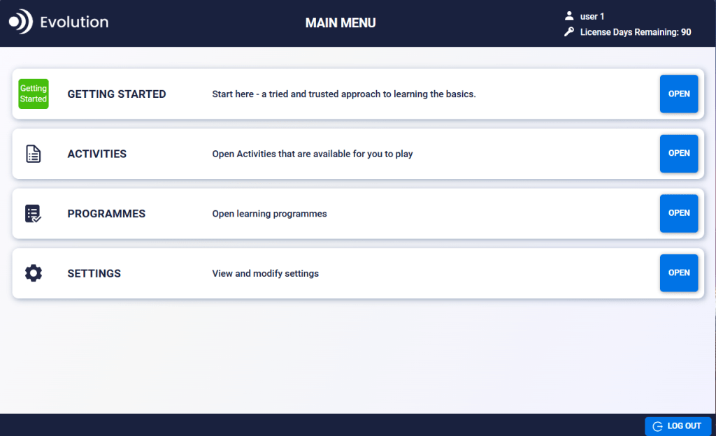 Getting started screen in the SimVenture online business simulation game, Evolution. This area introduces users to the simulation so they feel confident in getting started.